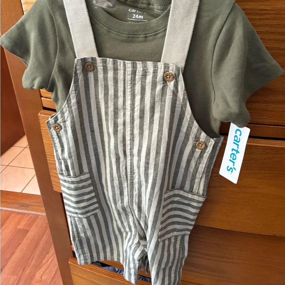 Carter's Green and Tan Striped Overall Outfit with bucket hat